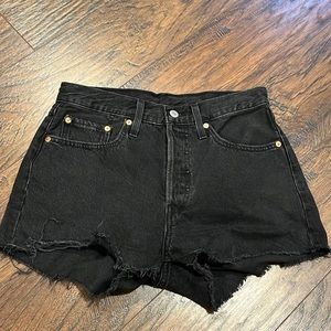 Levi’s 501 distressed high rise denim dark grey shorts